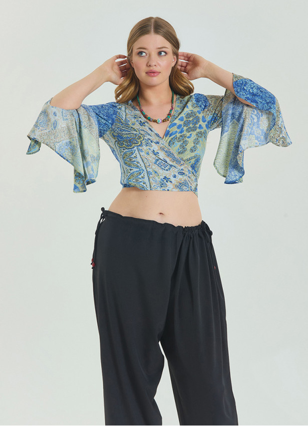 Tied Spanish Sleeve Blue Plus Size Blouse 4624